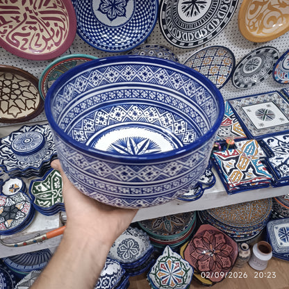 Moroccan Ceramic Salad Bowl – Blue Geometric Pattern | Food Safe Bowl from Fez