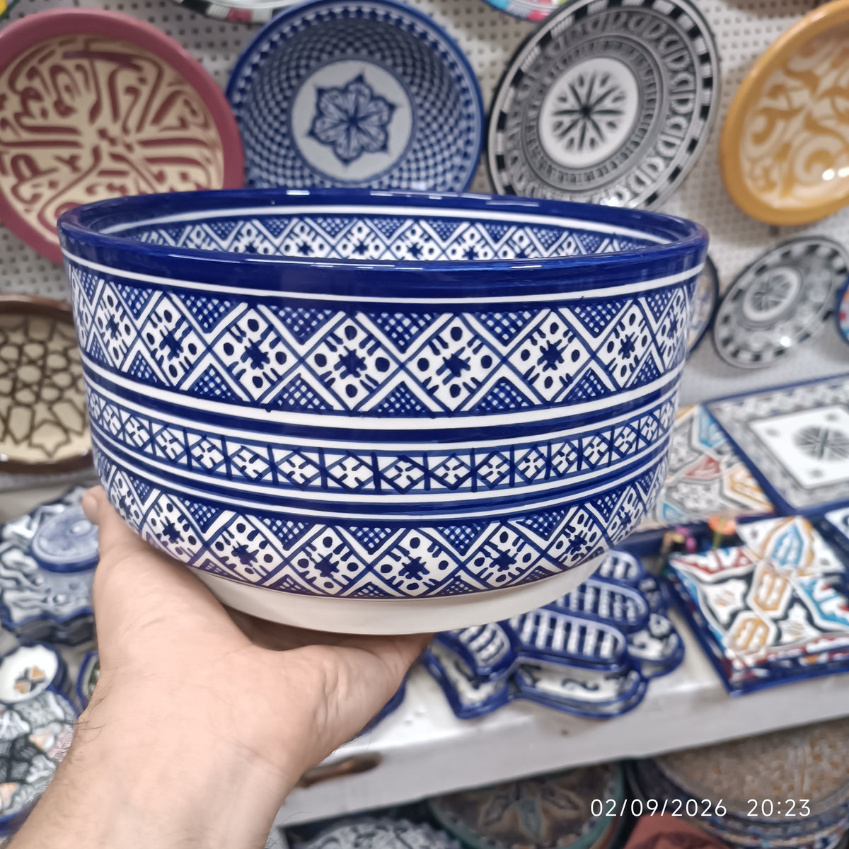 Moroccan Ceramic Salad Bowl – Blue Geometric Pattern | Food Safe Bowl from Fez