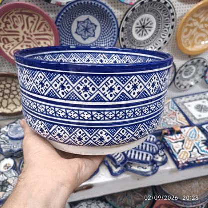 Moroccan Ceramic Salad Bowl – Blue Geometric Pattern | Food Safe Bowl from Fez