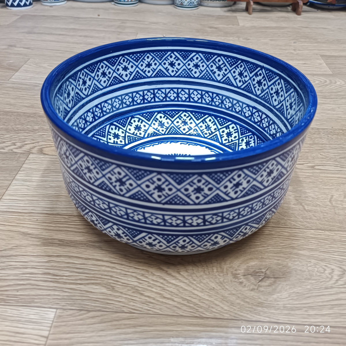 Moroccan Ceramic Salad Bowl – Blue Geometric Pattern | Food Safe Bowl from Fez