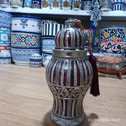 Handcrafted Moroccan Decorative Ceramic Jar with Silver Filigree & Tassel – Traditional Fez Design
