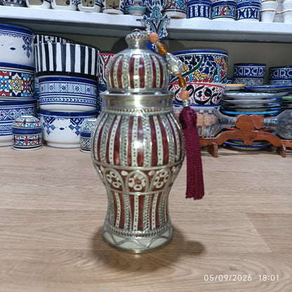 Handcrafted Moroccan Decorative Ceramic Jar with Silver Filigree & Tassel – Traditional Fez Design