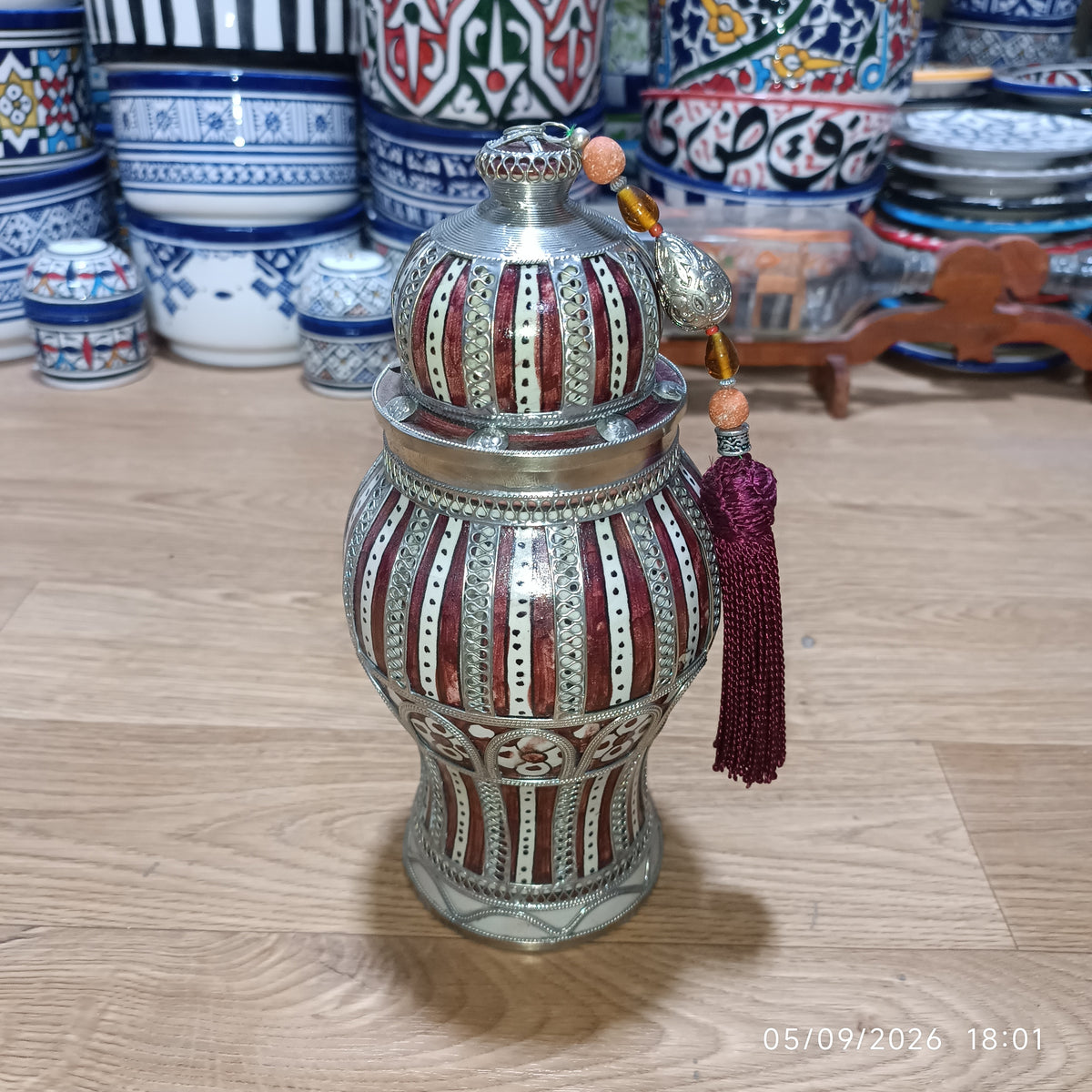 Handcrafted Moroccan Decorative Ceramic Jar with Silver Filigree & Tassel – Traditional Fez Design