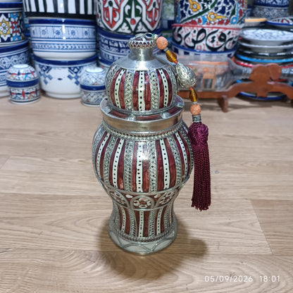 Handcrafted Moroccan Decorative Ceramic Jar with Silver Filigree & Tassel – Traditional Fez Design