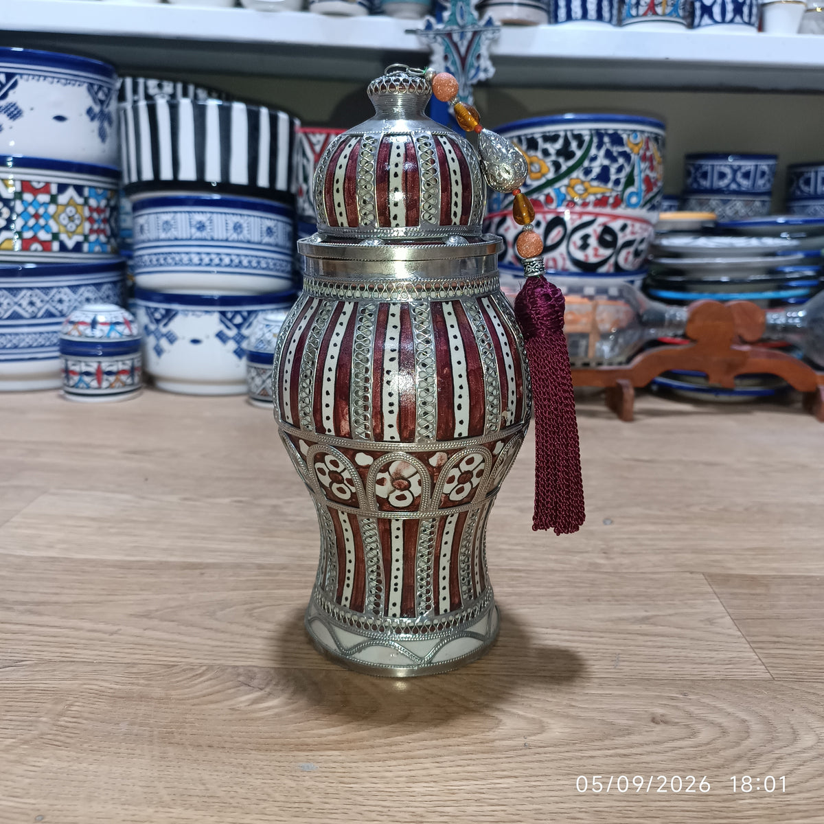 Handcrafted Moroccan Decorative Ceramic Jar with Silver Filigree & Tassel – Traditional Fez Design