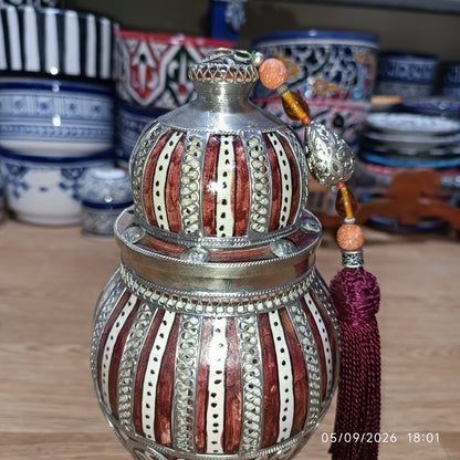 Handcrafted Moroccan Decorative Ceramic Jar with Silver Filigree & Tassel – Traditional Fez Design