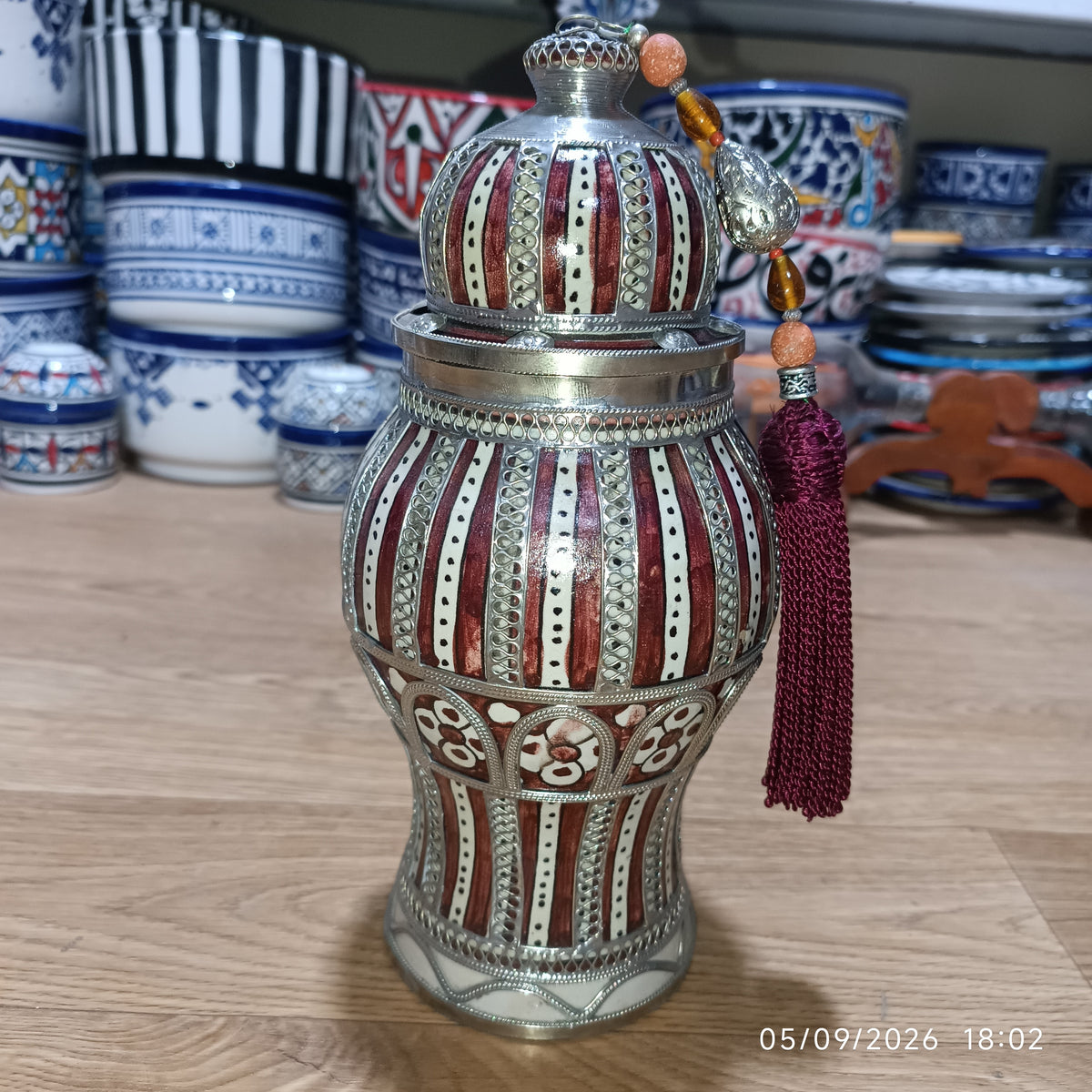 Handcrafted Moroccan Decorative Ceramic Jar with Silver Filigree & Tassel – Traditional Fez Design