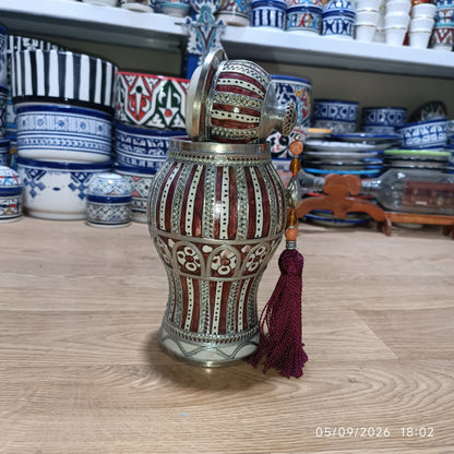 Handcrafted Moroccan Decorative Ceramic Jar with Silver Filigree & Tassel – Traditional Fez Design