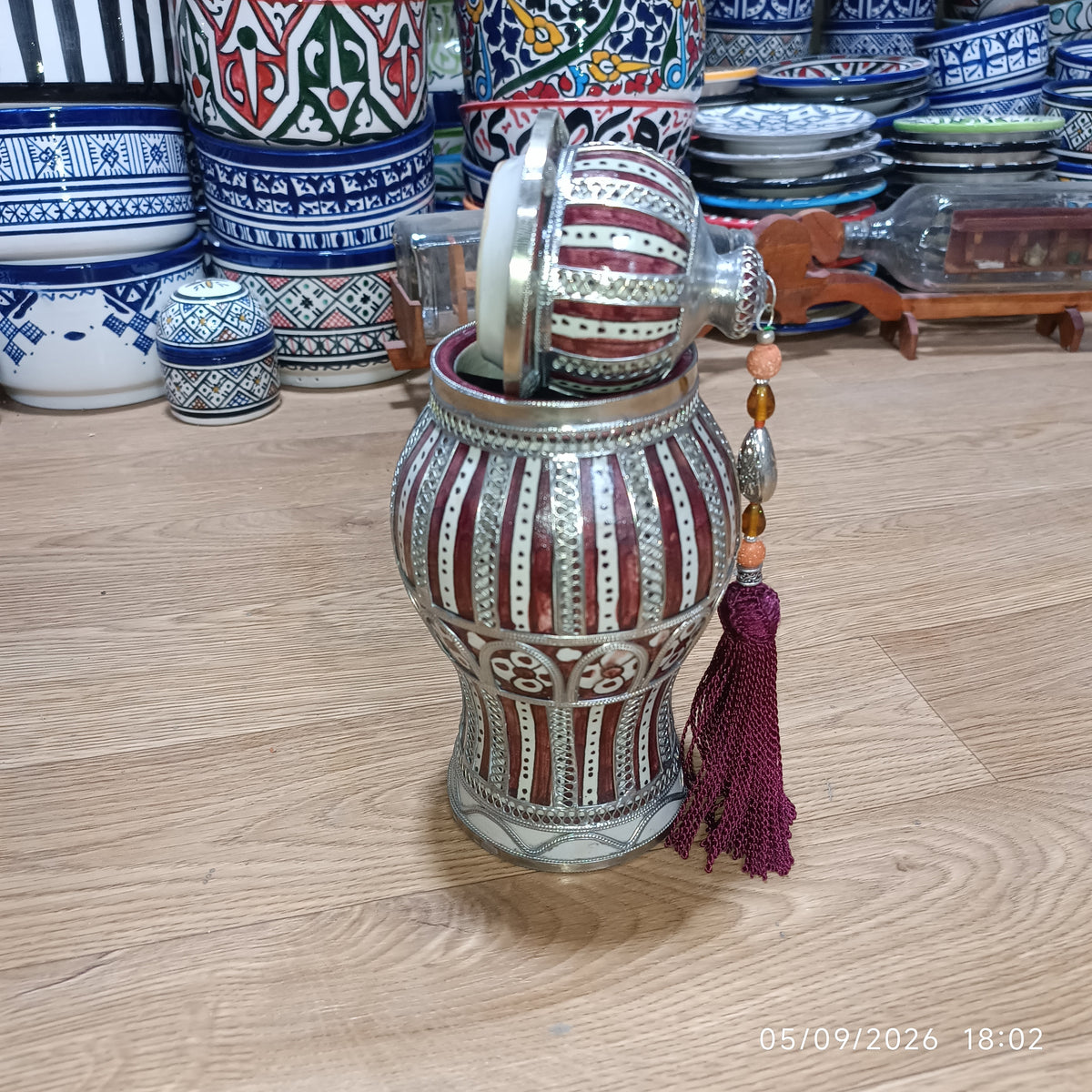 Handcrafted Moroccan Decorative Ceramic Jar with Silver Filigree & Tassel – Traditional Fez Design
