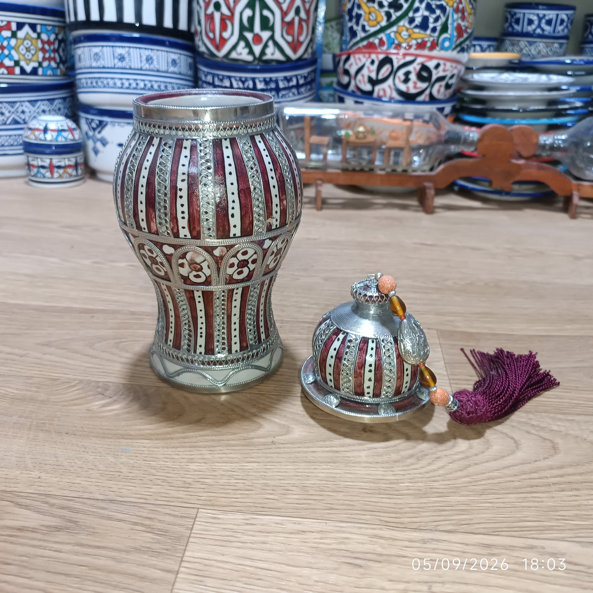 Handcrafted Moroccan Decorative Ceramic Jar with Silver Filigree & Tassel – Traditional Fez Design