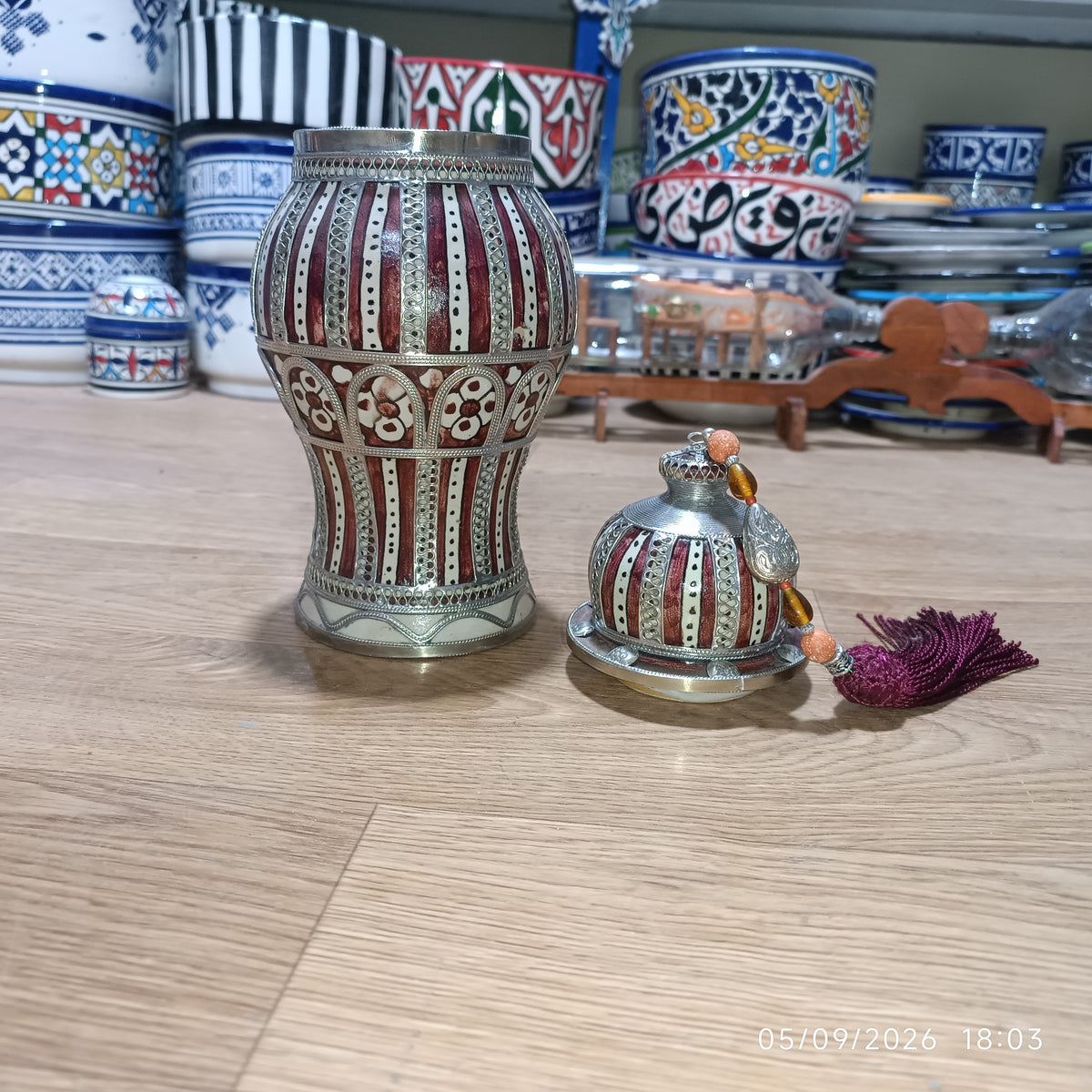 Handcrafted Moroccan Decorative Ceramic Jar with Silver Filigree & Tassel – Traditional Fez Design