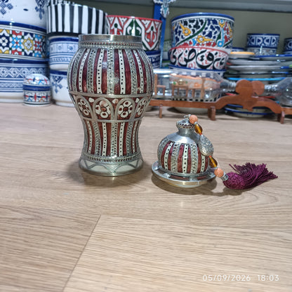 Handcrafted Moroccan Decorative Ceramic Jar with Silver Filigree & Tassel – Traditional Fez Design