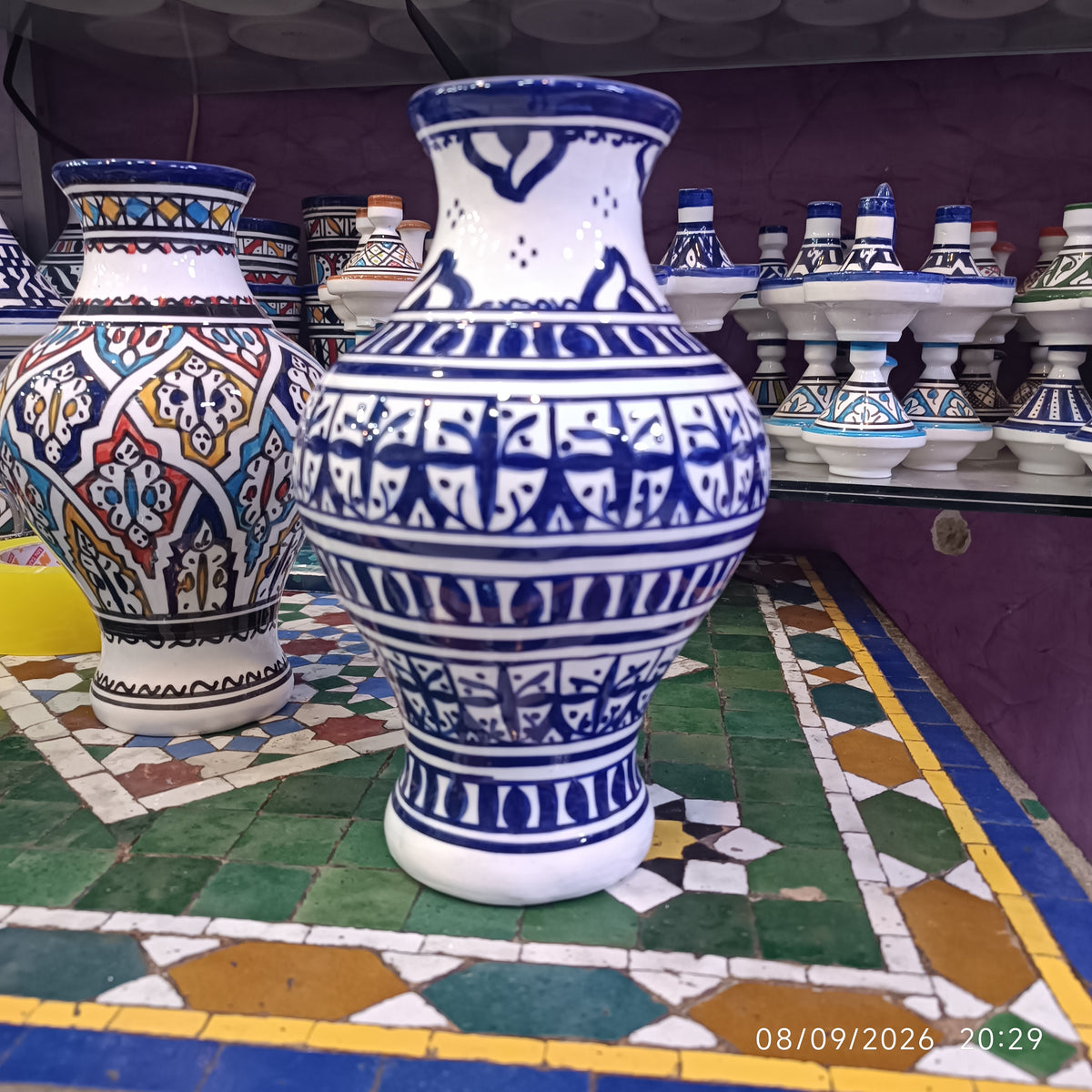 Handmade Moroccan Ceramic Vase – Blue & White Fez Pottery, 28 cm