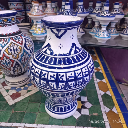 Handmade Moroccan Ceramic Vase – Blue & White Fez Pottery, 28 cm