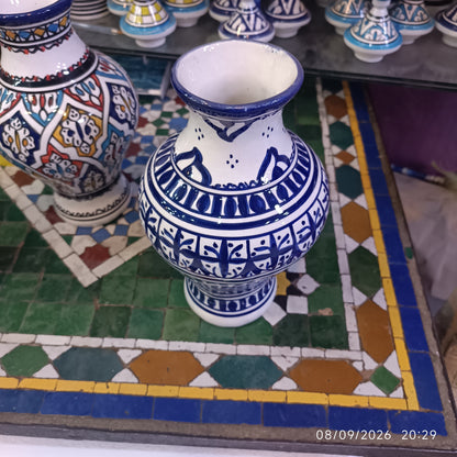 Handmade Moroccan Ceramic Vase – Blue & White Fez Pottery, 28 cm