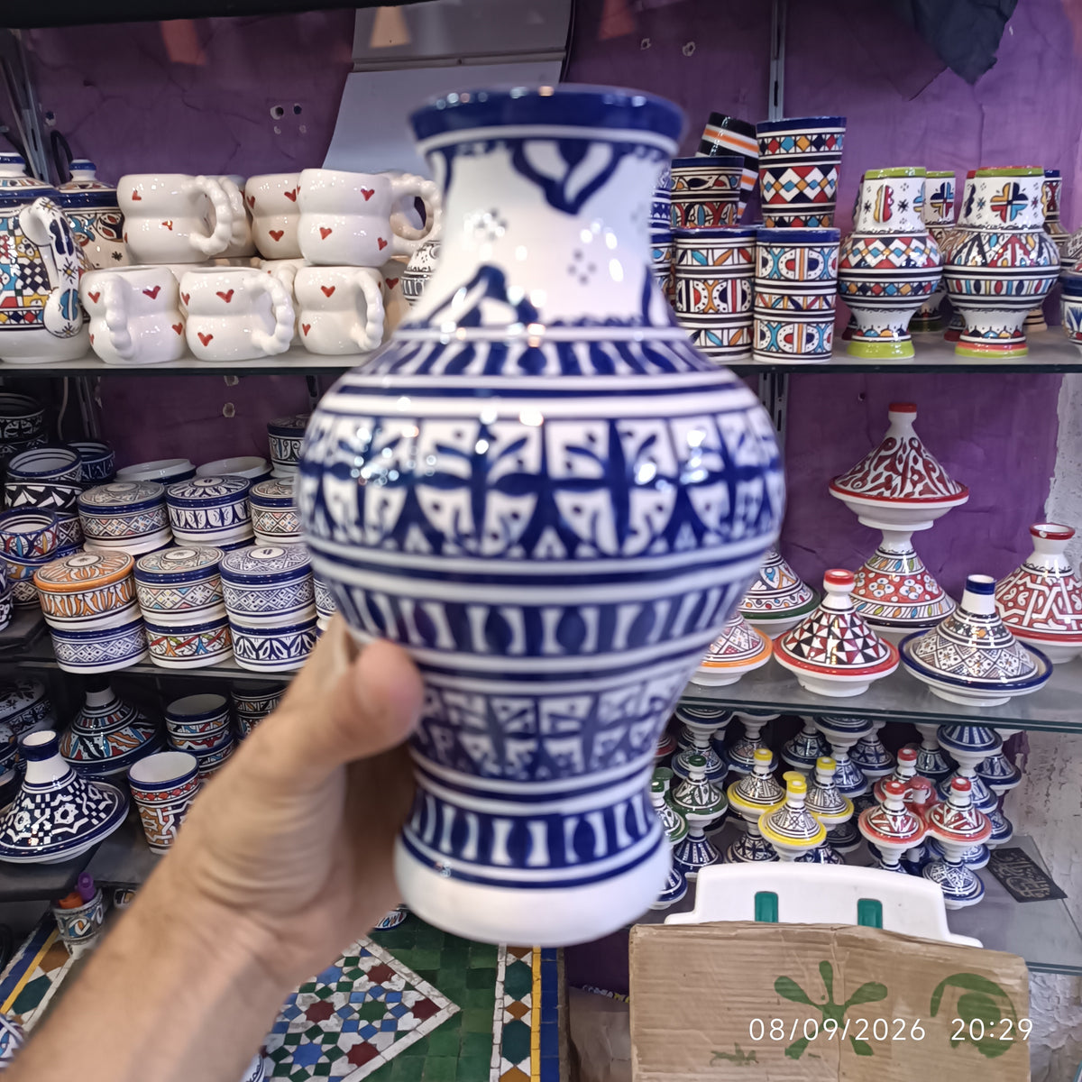 Handmade Moroccan Ceramic Vase – Blue & White Fez Pottery, 28 cm