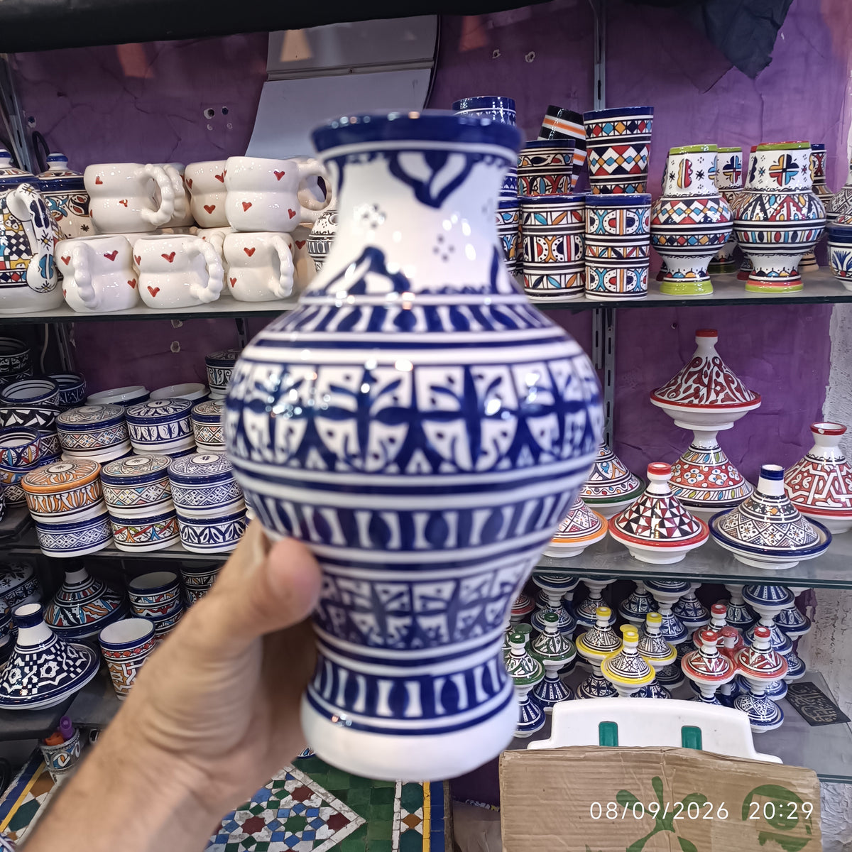 Handmade Moroccan Ceramic Vase – Blue & White Fez Pottery, 28 cm