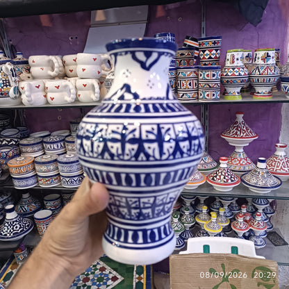 Handmade Moroccan Ceramic Vase – Blue & White Fez Pottery, 28 cm