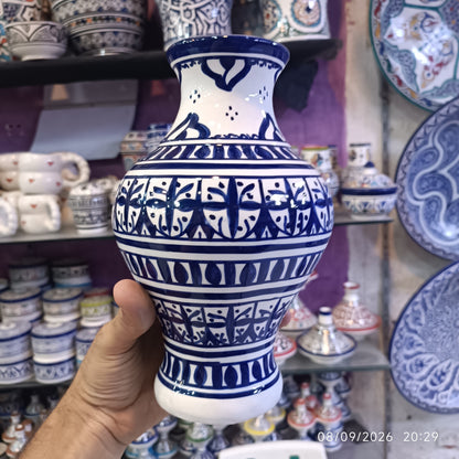 Handmade Moroccan Ceramic Vase – Blue & White Fez Pottery, 28 cm