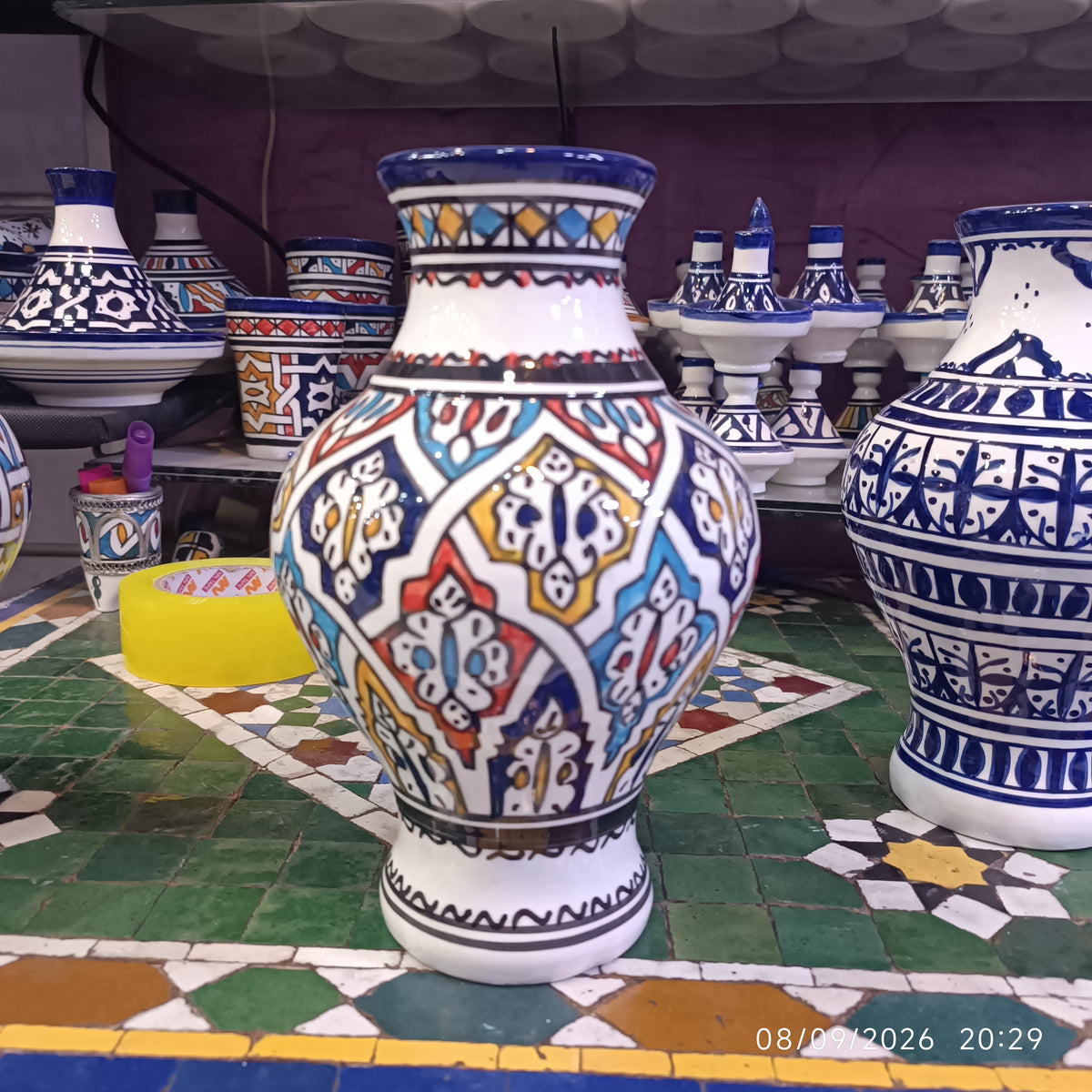 Handmade Moroccan Ceramic Vase – Multicolor & White Fez Pottery