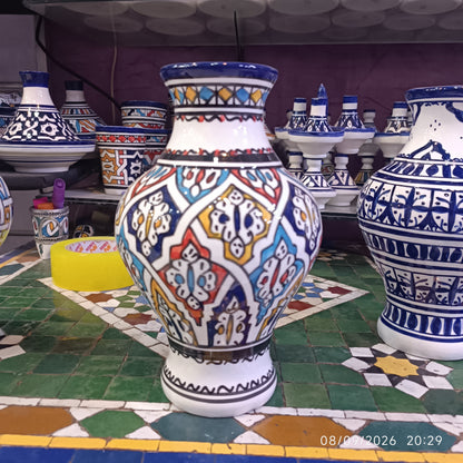 Handmade Moroccan Ceramic Vase – Multicolor & White Fez Pottery