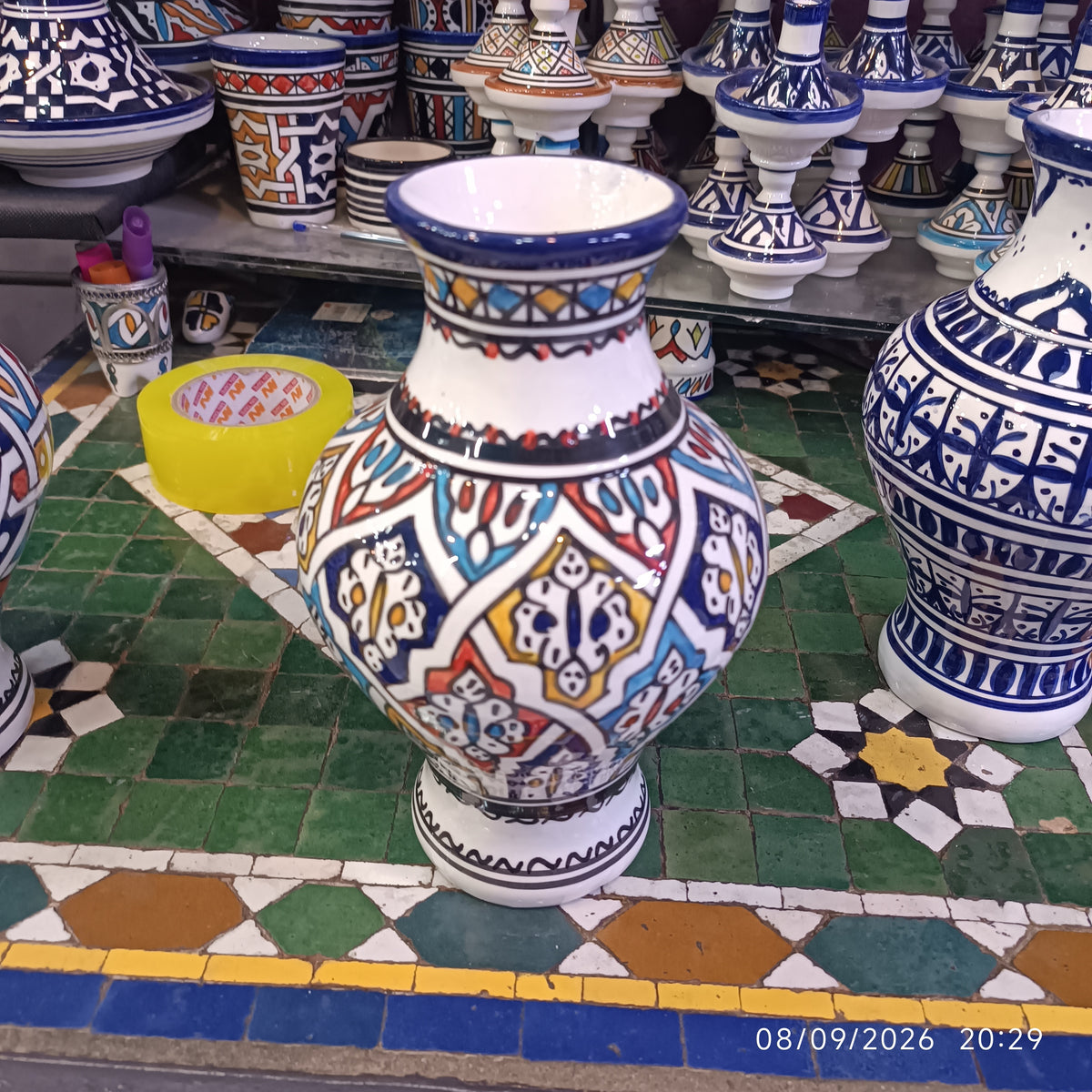 Handmade Moroccan Ceramic Vase – Multicolor & White Fez Pottery