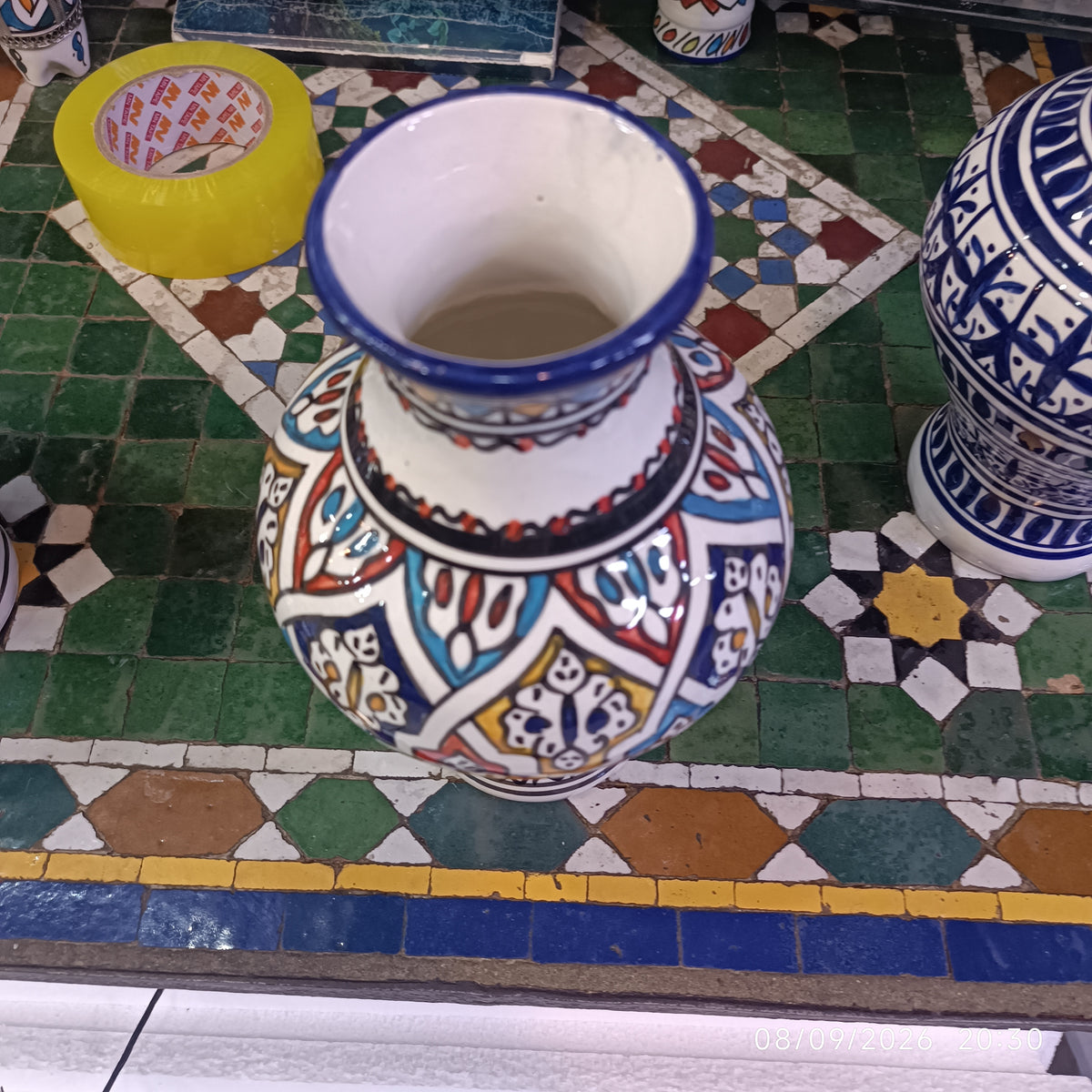 Handmade Moroccan Ceramic Vase – Multicolor & White Fez Pottery