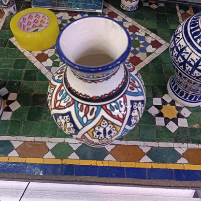 Handmade Moroccan Ceramic Vase – Multicolor & White Fez Pottery