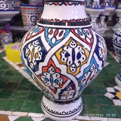 Handmade Moroccan Ceramic Vase – Multicolor & White Fez Pottery