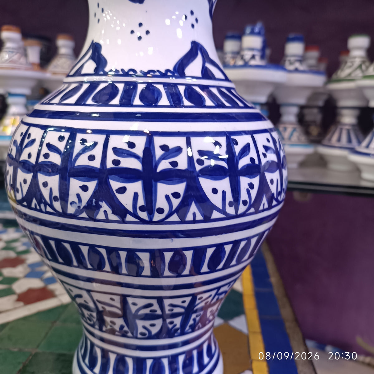 Handmade Moroccan Ceramic Vase – Blue & White Fez Pottery, 28 cm
