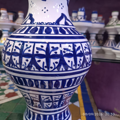 Handmade Moroccan Ceramic Vase – Blue & White Fez Pottery, 28 cm