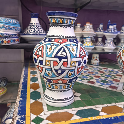 Handmade Moroccan Ceramic Vase – Multicolor & White Fez Pottery