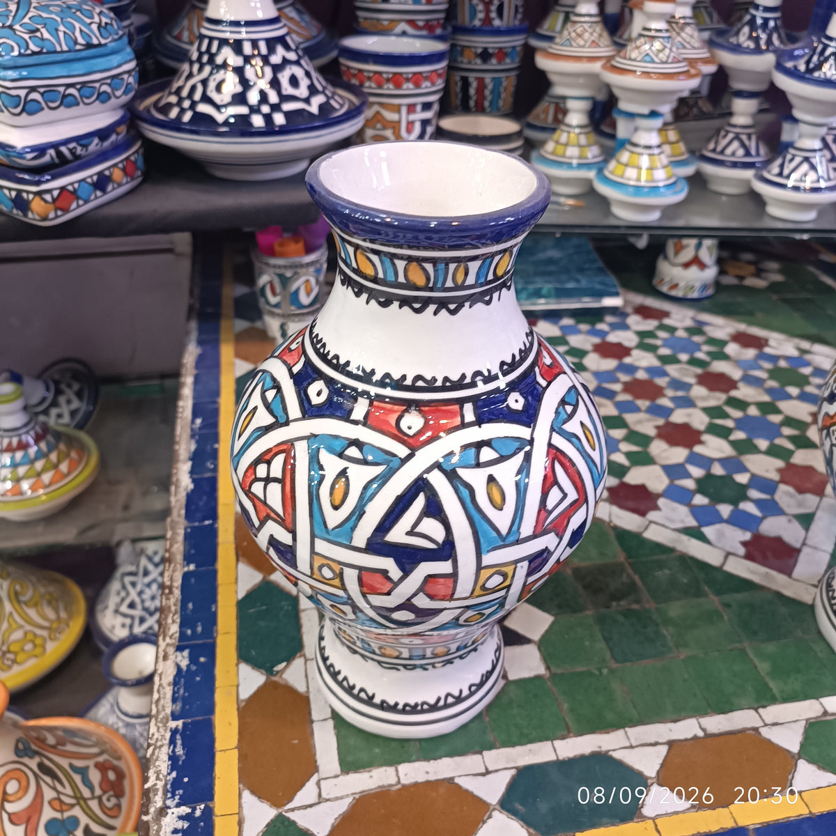Handmade Moroccan Ceramic Vase – Multicolor & White Fez Pottery