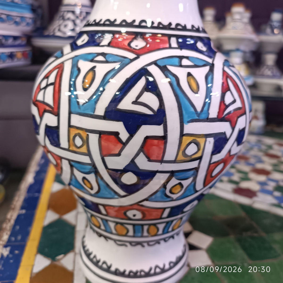 Handmade Moroccan Ceramic Vase – Multicolor & White Fez Pottery