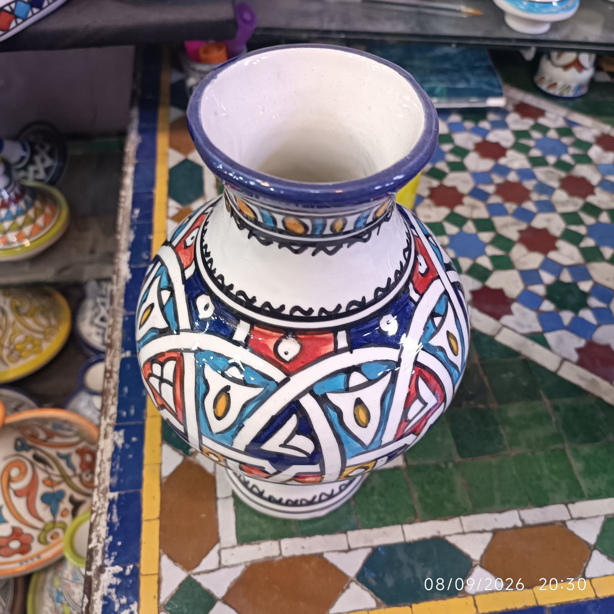 Handmade Moroccan Ceramic Vase – Multicolor & White Fez Pottery