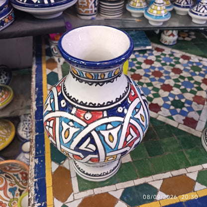 Handmade Moroccan Ceramic Vase – Multicolor & White Fez Pottery