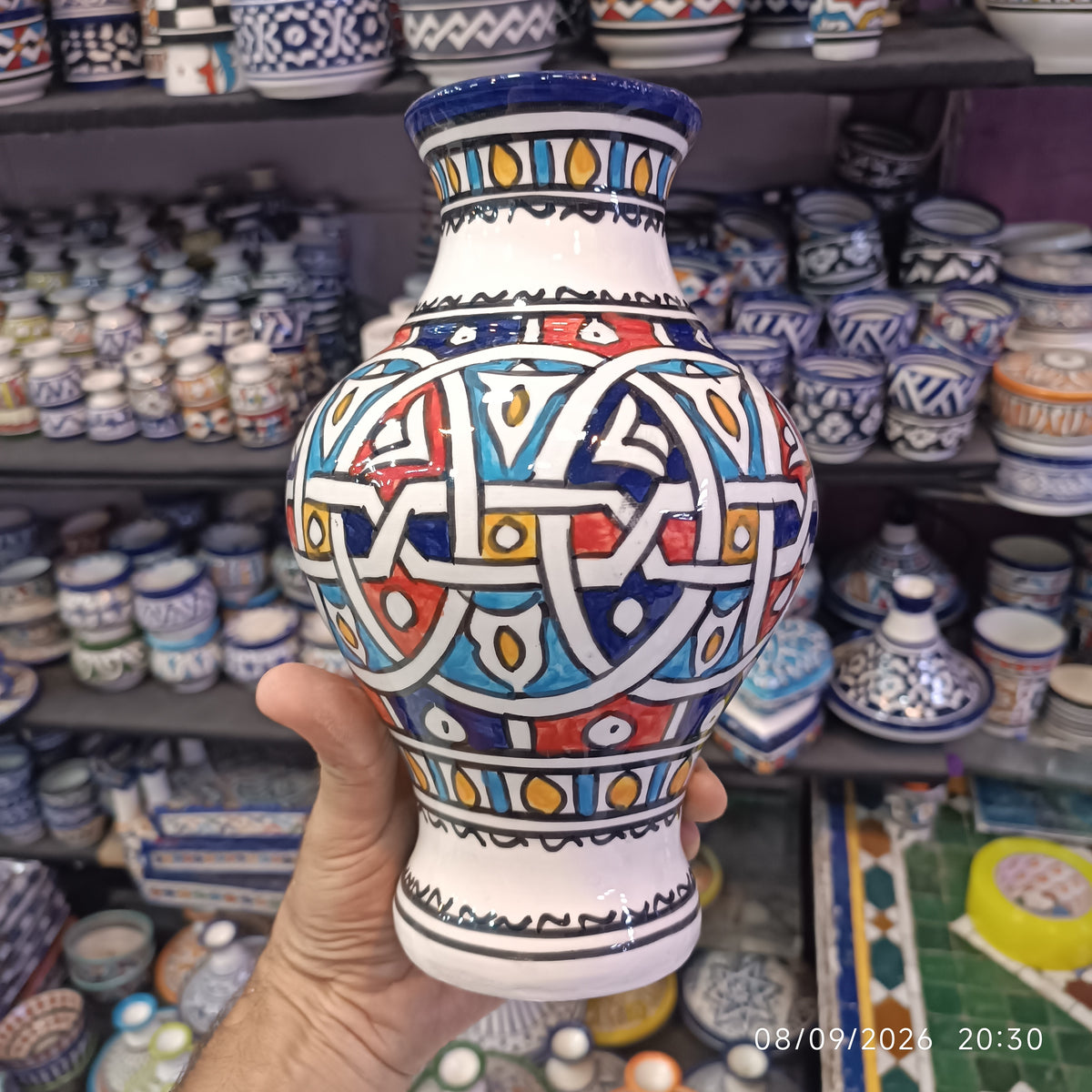 Handmade Moroccan Ceramic Vase – Multicolor & White Fez Pottery