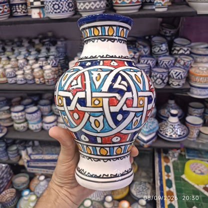 Handmade Moroccan Ceramic Vase – Multicolor & White Fez Pottery