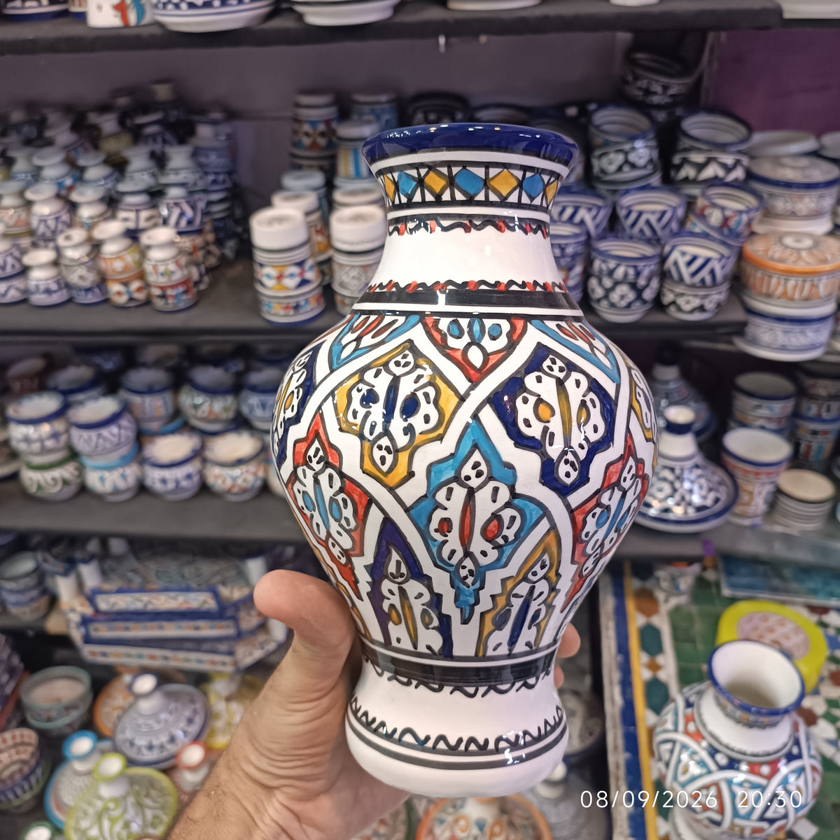 Handmade Moroccan Ceramic Vase – Multicolor & White Fez Pottery