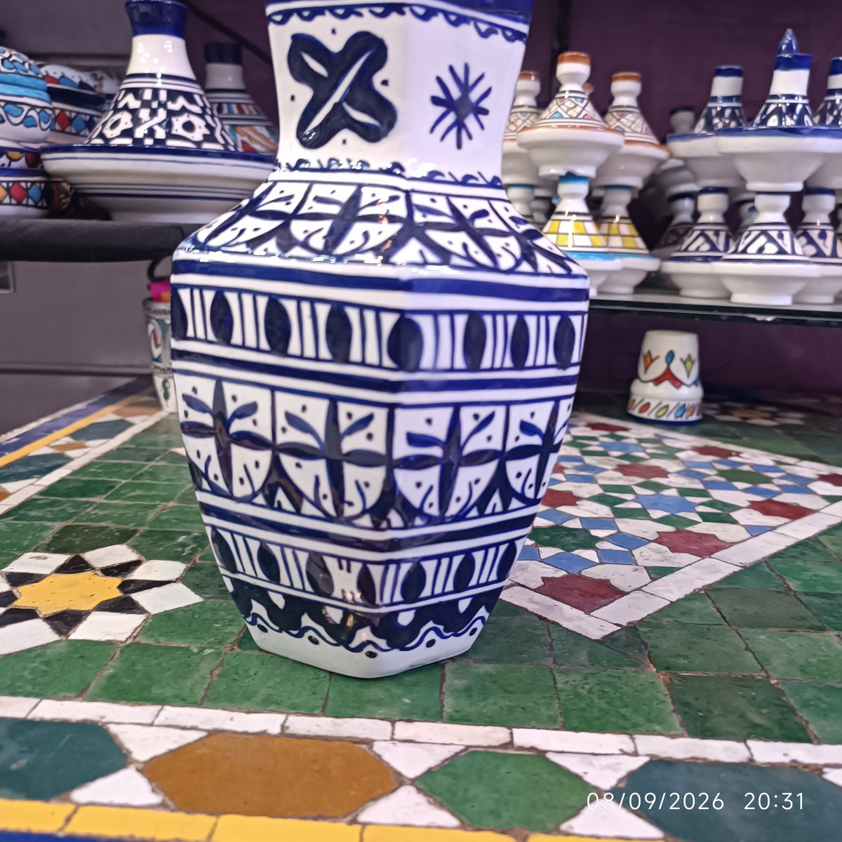 Moroccan Ceramic Vase – Blue & White Fez Pottery, 28 cm