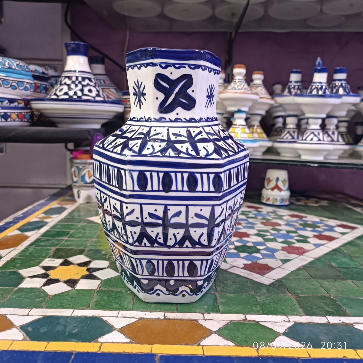Moroccan Ceramic Vase – Blue & White Fez Pottery, 28 cm