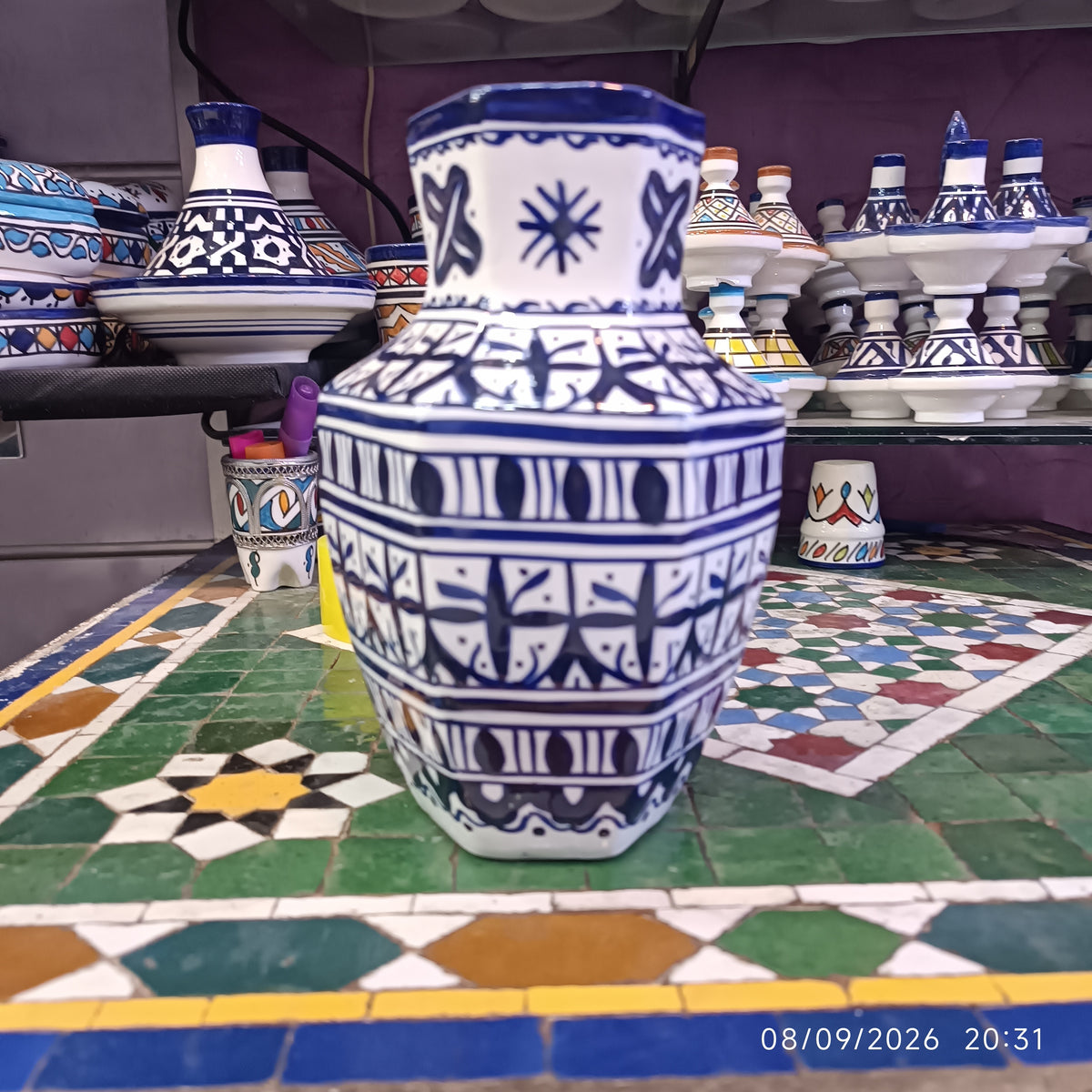 Moroccan Ceramic Vase – Blue & White Fez Pottery, 28 cm