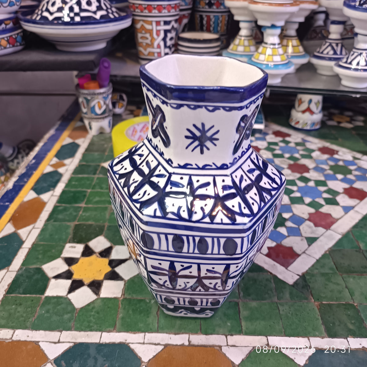 Moroccan Ceramic Vase – Blue & White Fez Pottery, 28 cm