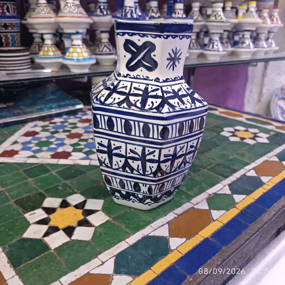 Moroccan Ceramic Vase – Blue & White Fez Pottery, 28 cm