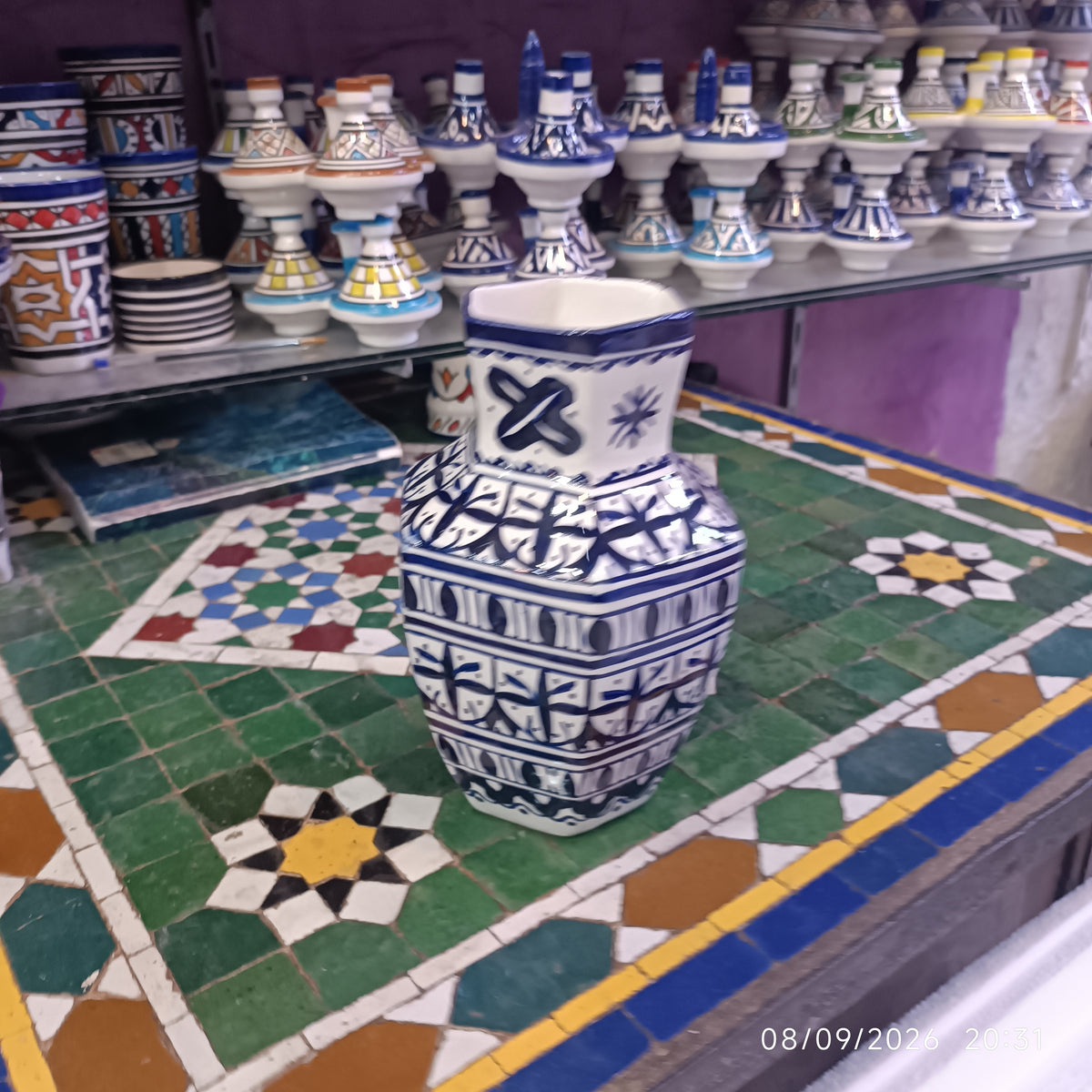 Moroccan Ceramic Vase – Blue & White Fez Pottery, 28 cm