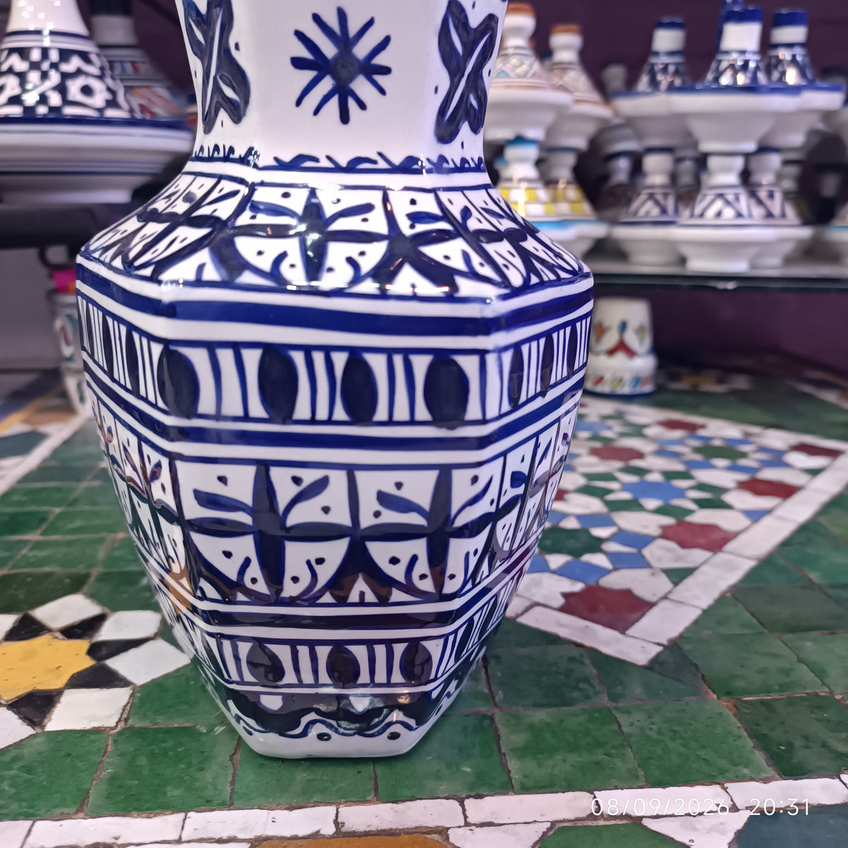 Moroccan Ceramic Vase – Blue & White Fez Pottery, 28 cm