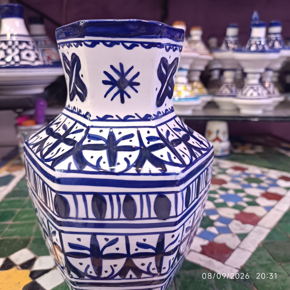 Moroccan Ceramic Vase – Blue & White Fez Pottery, 28 cm