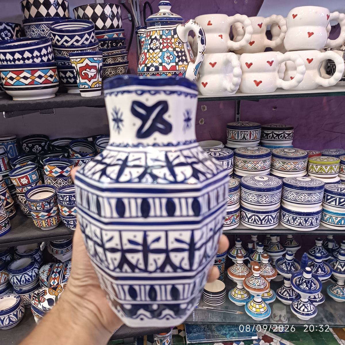 Moroccan Ceramic Vase – Blue & White Fez Pottery, 28 cm