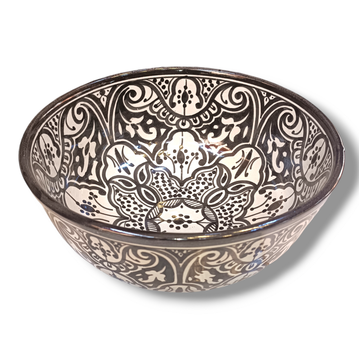 Handmade Moroccan Fassi Ceramic Bowl – Black & White Hand-Painted Serving Bowl | Traditional Fez Pottery