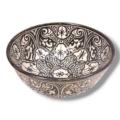 Handmade Moroccan Fassi Ceramic Bowl – Black & White Hand-Painted Serving Bowl | Traditional Fez Pottery